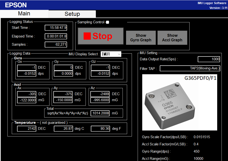Epson G365 High-Precision Industrial IMU with Evaluation / Test board